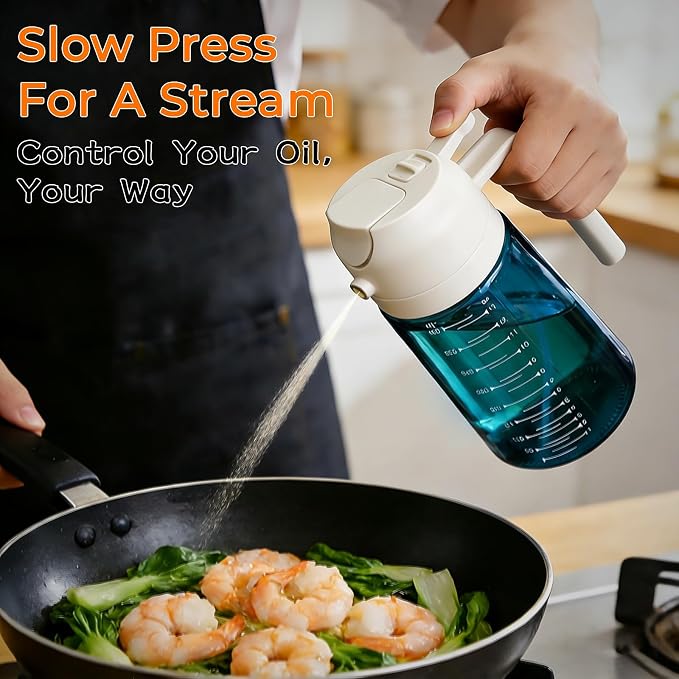 Glass Olive Oil Sprayer for Cooking (16oz/470ml), 2 in 1 Olive Oil Dispenser Bottle for Kitchen Gadgets and Air Fryer Accessories, Salad, BBQ - 1-Pack, Blue White
