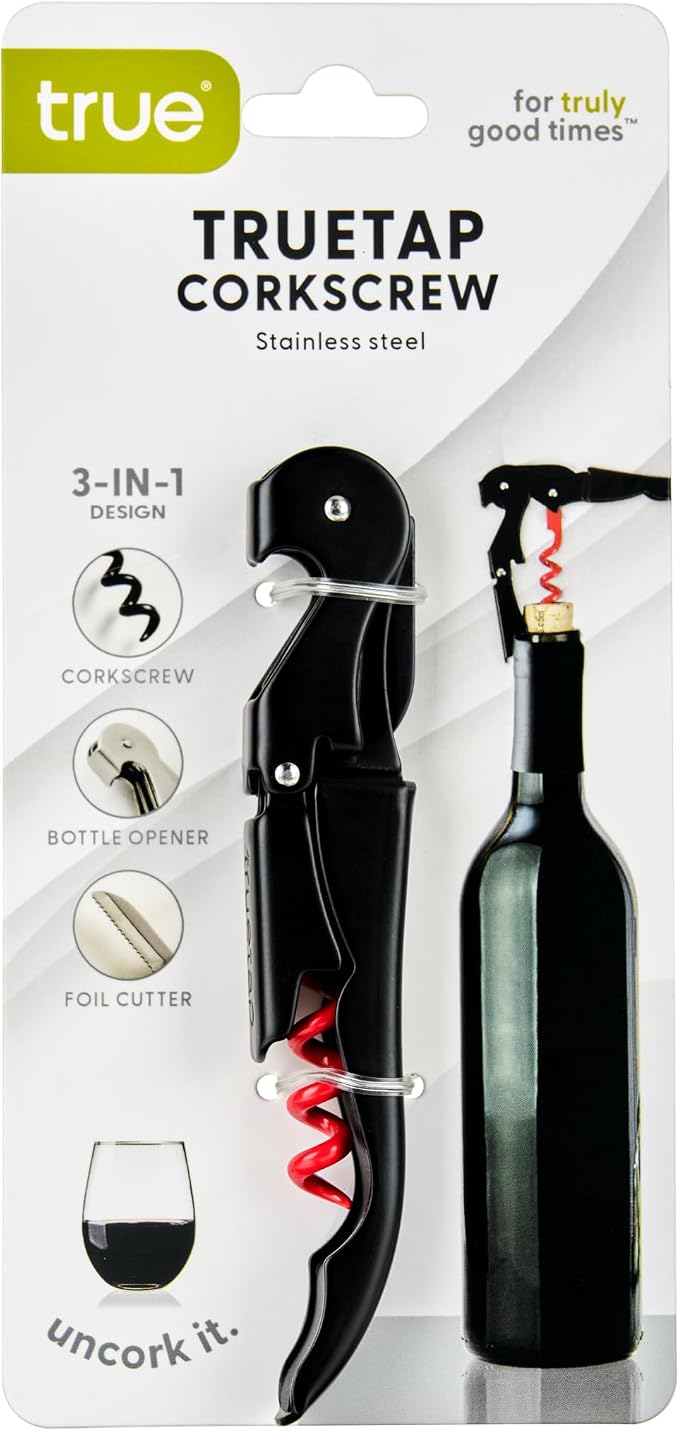 True Truetap Double Hinged Waiter's Corkscrew Wine Opener, Stainless Steel Wine Bottle Opener with Built In Foil Cutter, Home Bar Tools, Bar Cart Accessories, Wedding Gifts, Set of 1, Black Red