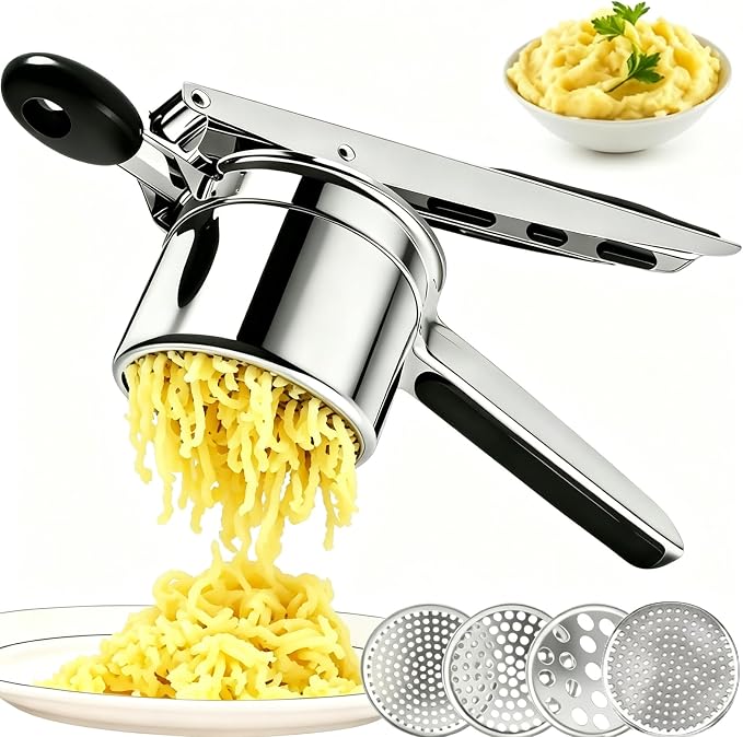 Potato Ricer Stainless Steel, 15 oz Heavy Duty Potato Masher with 4 Interchangeable Discs, Large Capacity Smooth Mashed Potatoes Press, Easy to Clean Kitchen Tool
