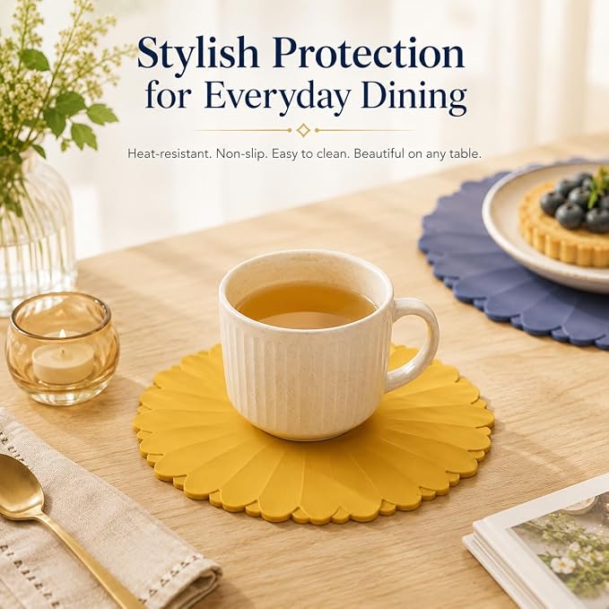 Heat-Resistant Silicone Trivet Mats, Non-Slip Hot Plate Holder for Kitchen Countertops & Dining Table, Reusable Pot Holder Pad with Secure Grip, Dishwasher Safe (Yellow, Diameter: 18cm/7.09")