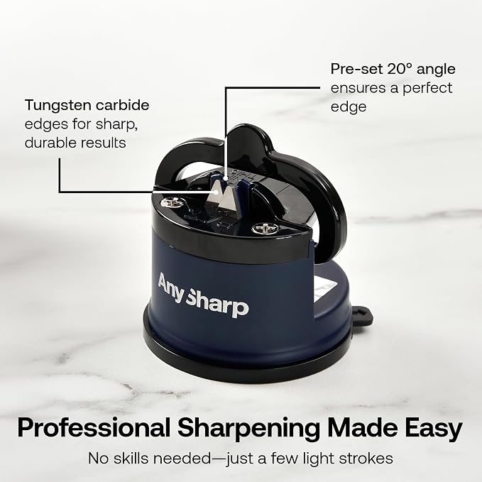 AnySharp – Editions – Hands Free Knife Sharpener - Easy to Use Sharpening Tool with PowerGrip Suction Base and 20-Degree Pre-Set Angle - for All Knives: Chef's, Serrated, and Hardened Steel - Navy