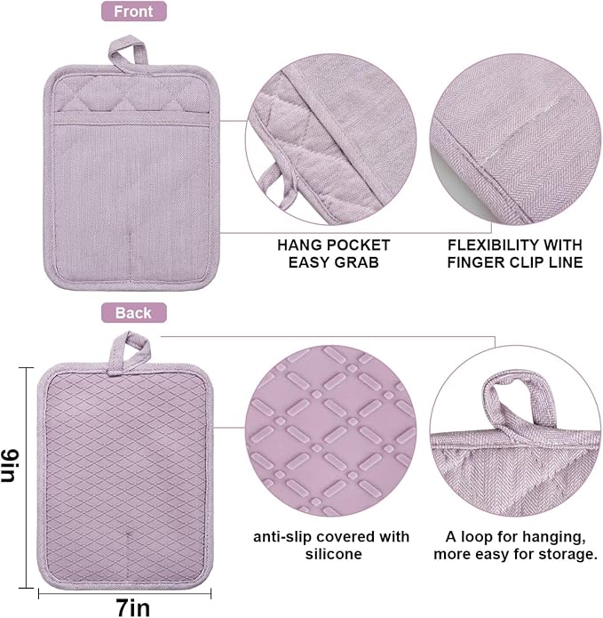 Pot Holders Yarn-Dyed Set of 3 Non Slip Silicone Kitchen Lines Heat Resistant 500℉ Kitchen Gloves BBQ Cooking Baking Cooking Barbecue Microwave Machine Washable (Purple Pot Holders)