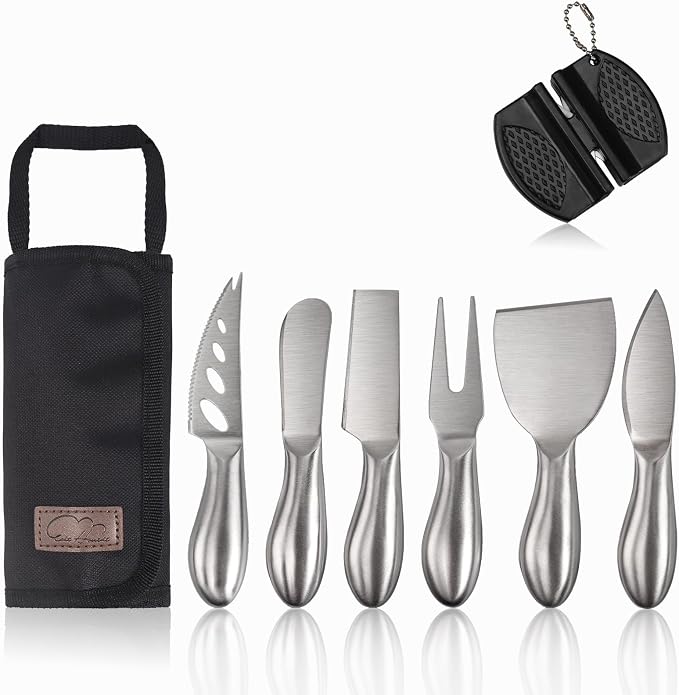 6-Piece Cheese Knife Set, Premium Stainless Steel Cheese Knives for Charcuterie Board for Cutting Hard Medium Soft Cheese, Mini Metal Cheese Cutter Knife Butter Knife with Storage Bag Gift Set