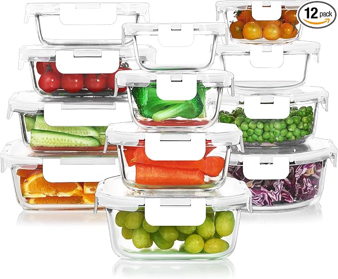 24 Pieces Glass Food Storage Containers Set, White | Meal Prep Containers, BPA-Free, Airtight Glass Storage Containers with lids,Freezer, Microwave and Oven Safe