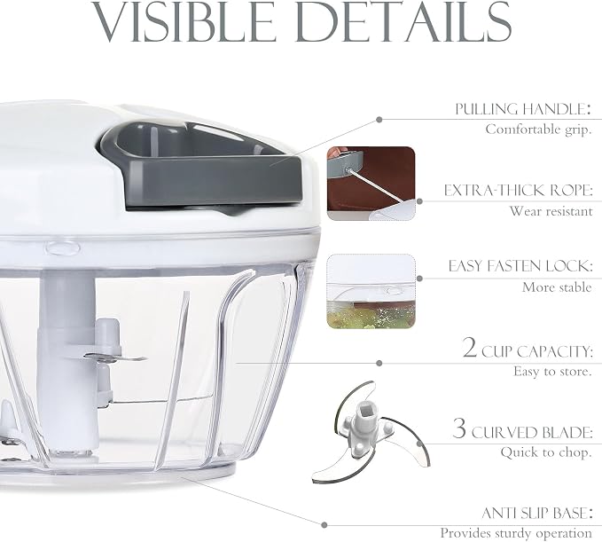 Ourokhome Manual Food Processor Vegetable Chopper, Portable Hand Pull String Garlic Mincer Onion Cutter for Veggies, Ginger, Fruits, Nuts, Herbs, etc., 500ml, White