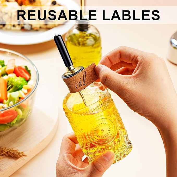 gegewawa Oil Bottle Set of 2, 7 oz Glass Dispensers with Metal Pourers | Embossed nonslip bottles include airtight stoppers, silicone caps and a funnel for pouring cooking oil, vinegar or syrup