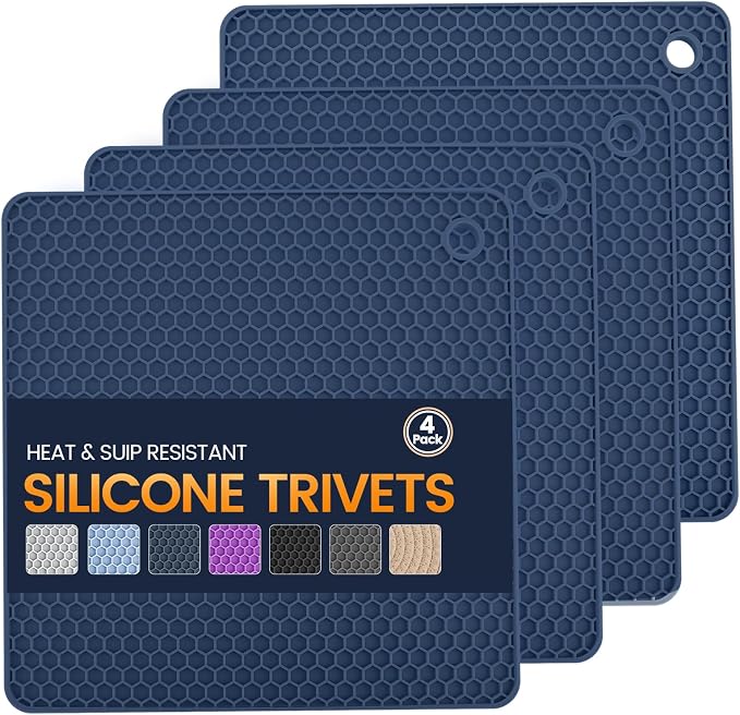 Silicone Trivet Mats 4 Heat Resistant Pot Holders Multipurpose Non-Slip Hot Pads for Kitchen Potholders, Drying mat, Jar Opener, Spoon Holder, Coaster.(Blue)