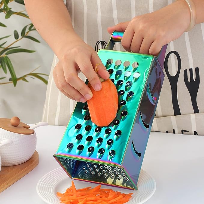 Rainbow Cheese Grater Handheld Grater for Kitchen, Stainless Steel 4 Sided Cheese Grater with Handle for Grinding Shredding & Slicing, Dishwasher Safe