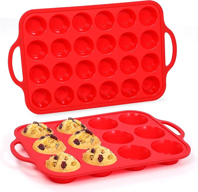 CAKETIME Silicone Muffin Pans for Baking, Metal Reinforced Frame Regular 12 Cups & Mini 24 Cups Cupcake Pan Set Nonstick Muffin Pan for Homemade Baking Easy to Handle
