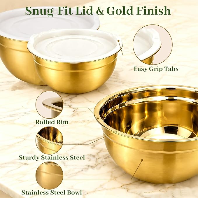 5-Piece Gold Stainless Steel Mixing Bowls with White Lids, Nesting Mixing Bowl Set in 1.5, 2.1, 3.5, 4 and 4.5 QT Sizes for Baking, Cooking, Meal Prep, Salad, Everyday Kitchen Use and Food Prep