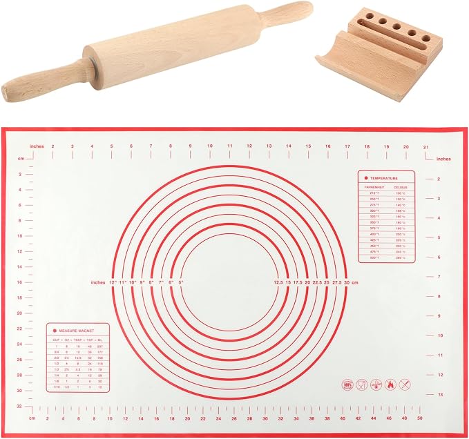 Wood Rolling Pin with Silicone Baking Mat Wood Base, Non Stick Dough Roller with Handle, Fondant Roller Beech Rolling Pins for Baking Pizza Pastry Bread Cookies