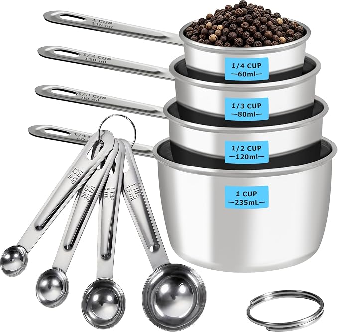 8 PCS Stainless Steel Measuring Cups and Spoons Set, Engraved Metric & US Measurement Measuring Cups and Spoons, Food Grade Metal Measure Cups for Dry & Liquid Kitchen Cooking Baking, Dishwasher Safe