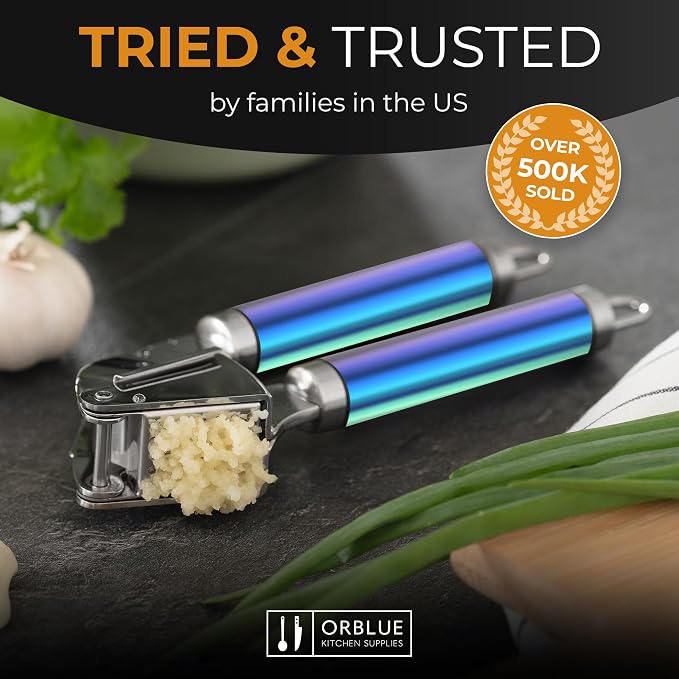 ORBLUE Garlic Press and Peeler Set, Stainless Steel - Professional Grade Mincer, Crusher - Dishwasher Safe & Rust-proof, Multi-colored
