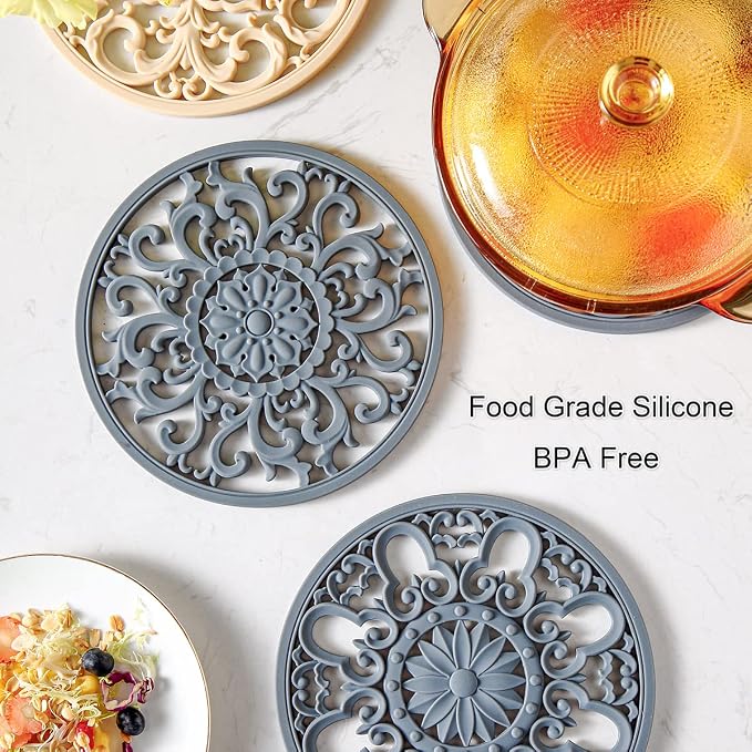 Extra Thick Silicone Trivet Mat for Hot Dishes, Hot Pots and Pans, Pot Holder, Hot Pad to Protect Your Table and Countertop, Kitchen Decor and Accessories,Beige,Set of 3