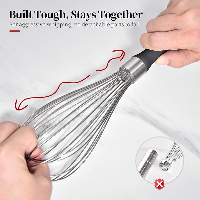 18/8 Stainless Steel Balloon Whisk for Cooking (Large, Black) | Heavy Duty Metal Kitchen Wire Whisker Wisking Tool Egg Beater Hand Mixer for Mixing Baking Beating Stirring Sauce Flour