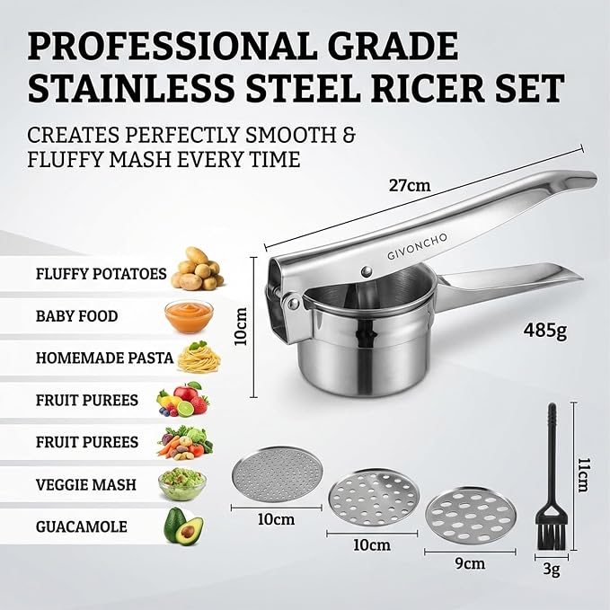 Stainless Steel Potato Ricer, Heavy Duty Potato Press & Masher with 3 Interchangeable Discs, Ergonomic Handle, Dishwasher Safe for Mashed Potatoes, Vegetables & Baby Food