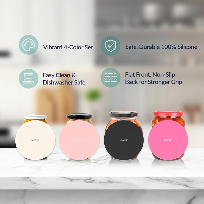 NiHome Silicone Jar Opener Gripper Pads, 6 in for Seniors, Pink Series, 4PC | Textured Back Pattern For Superior Grip, Food-Grade Silicone, Heat-Resistant Multi-Use Kitchen Pad For Jars, Pots, Spoons