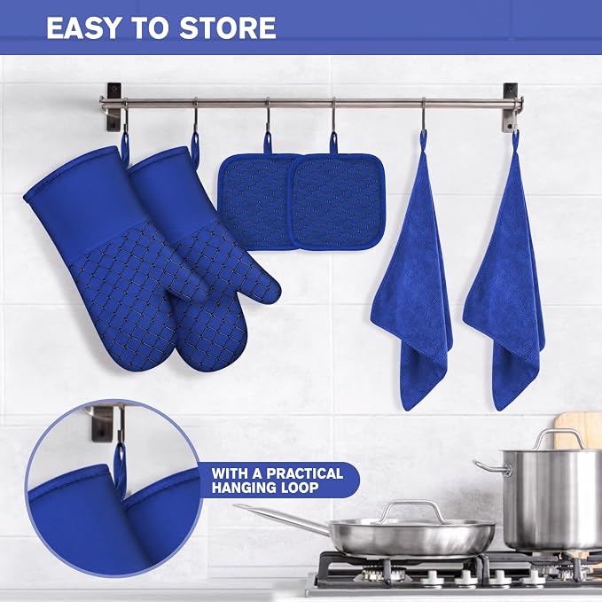 6 Pcs Oven Mitts and Pot Holders, 500℉ Heat Resistant Oven Mitts with Kitchen Towels Soft Cotton Lining and Non-Slip Silicone Surface Safe for Baking, Cooking, BBQ (Blue)
