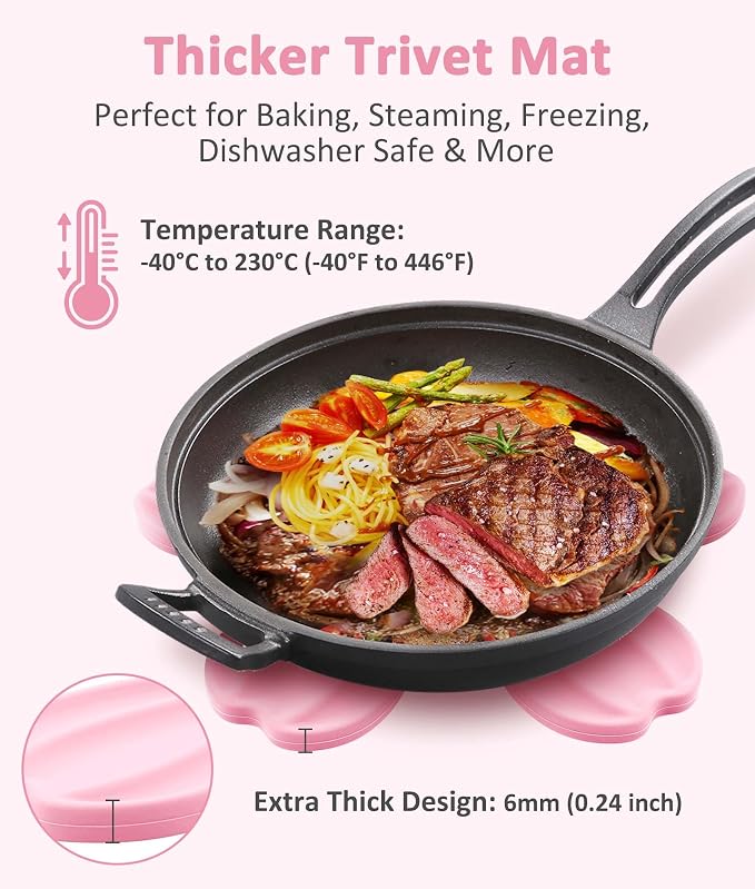 Silicone Trivet Mat - 6 Flower-Shaped Silicone mats + 1 Stand, Non-Slip & Heat Resistant Kitchen Hot Pads for Table & Countertop, Multifunctional Mats can Hold Coffee, Plates