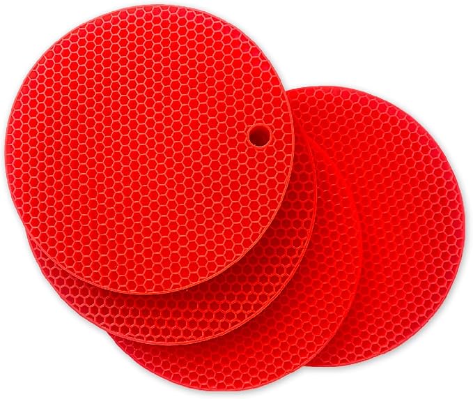 7-Inch Round Trivet Mats - 4 Pack Silicone Hot Pads, Non-Slip Heat Resistant, Dishwasher Safe, Ideal as Round Dab Mat (red)