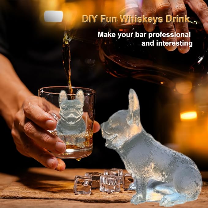 3D French Bulldog Ice Cube Molds Tray Silicone for Whiskey, Cocktail, Coffee Juice Drink; Fun Animal Shape, Christmas Gifts for Bulldog Lovers, Women, Kids; Chocolate Epoxy Resin Molds 2 Pack