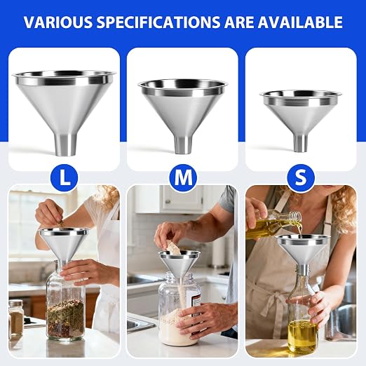 4-Piece Stainless Steel Kitchen Funnel Set, Includes 3 Funnel Sizes and 1 Strainer. Ideal for transferring seasonings, Oils, Liquids, Dry Goods and Powders. Durable and Easy to Clean.