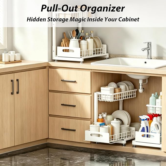 2 Pack Upgraded Under Sink Organizer, 2 Tier Pull out Kitchen Cabinet Organizer Metal Slide out Bathroom Organizers and Storage Makeup Drawer Organizer for Office Bedroom Restroom Living Room, L-White