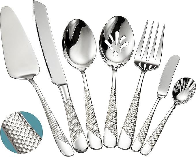 Xideman® 7-Piece Hammered 18/10 Stainless Steel Silverware Serving Utensil Set - Hostess Flatware with Cake Knife & Cake Server (Silver)