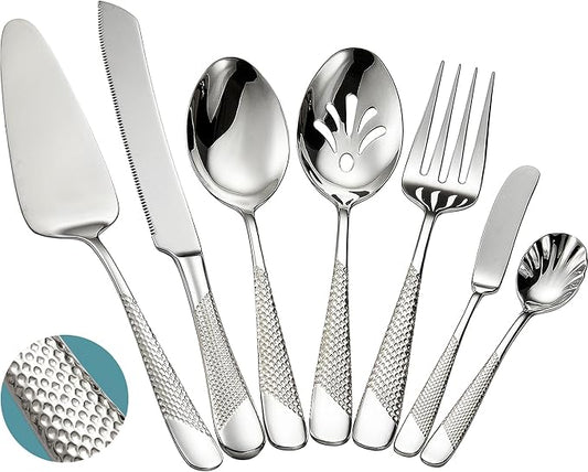 Xideman® 7-Piece Hammered 18/10 Stainless Steel Silverware Serving Utensil Set - Hostess Flatware with Cake Knife & Cake Server (Silver)