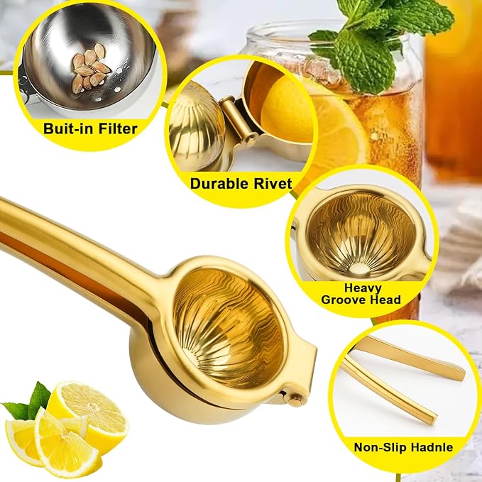 SHIKORI Lemon Squeezer, Large Heavy Duty Handhelp Juicer for Lemon, Stainless Steel Hand Press Citrus Juicer, Lime Squeezer Bar Tool, Manual Citrus Press (Gold)