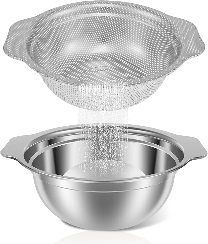 Stainless Steel Colander Microporous Strainers and Colanders with Mixing Bowl Sturdy Rice Strainer Multifunctional Colander Set for Washing and Draining Fruits Vegetables Cooked Pasta (2Pack)
