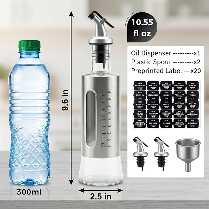Olive Oil Dispenser for Kitchen, 2 Pack 10oz/300 ML Cooking Oil and Vinegar Dispenser Set with 20 Labels Stainless Steel Funnel, Olive Oil Bottle, Soy Sauce Dispenser, Coffee Syrup Bottles