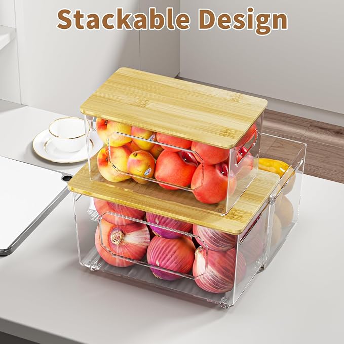 spospo Trash Bag Holder 2-in-1 Under Sink Organizer with Bamboo Lid | Acrylic Trash Bag Dispenser with Pull-Out Basket for Cleaning Supplies, Garbage Bag Holder for Kitchen Laundry Room Storage