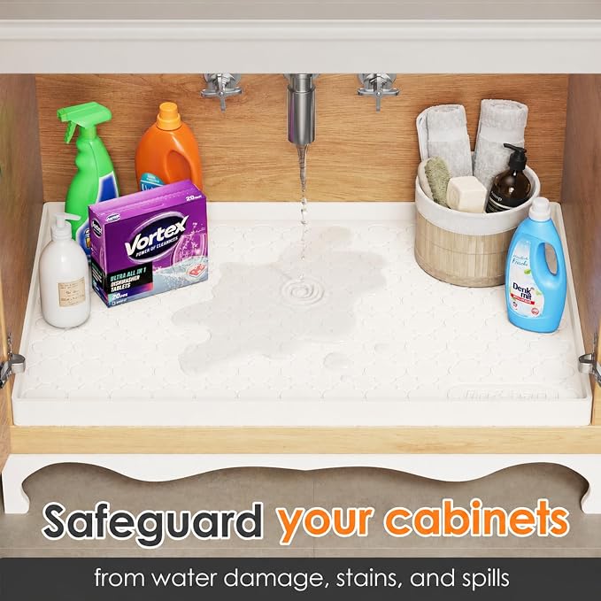 Jin&Bao Under Sink Mat 34" x 22" Waterproof Silicone Cabinet Kitchen Liner | Silicone kitchen cabinet protector, bathroom shelf liner, raised edge traps leaks, anti-slip, easy to clean & dishwasher safe