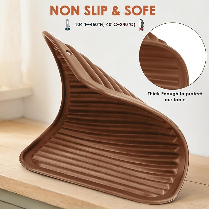 4 Pack Silicone Trivets for Hot Dishes Large 446°F Heat Resistant Pot Holder Hot Pads for Kitchen 9'' x 12' Brown Silicone Trivet Mat for Hot Pots and Pans, Jar Opener, Drying Mat