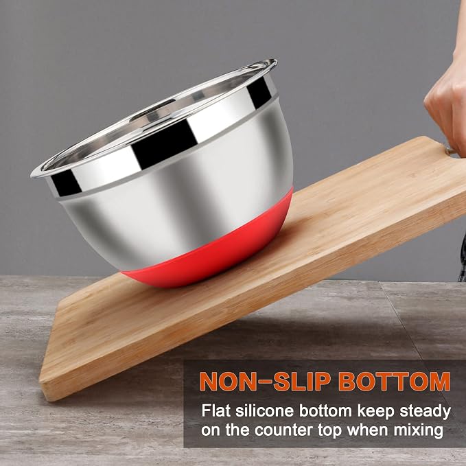 LIANYU Mixing Bowls Set of 6 with Airtight Lids, Non-slip Bottom | Large Metal Size 7, 3.5, 2.5, 2, 1.5, 1QT, Stainless Steel Nesting Bowls for Cooking, Baking, Food Storage, Red