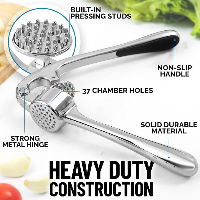 Zulay Kitchen Premium Garlic Press Set - Rust Proof Professional Garlic Mincer Tool - Easy-Squeeze, Easy-Clean with Soft, Ergonomic Handle - Silicone Garlic Peeler & Brush (Chrome)