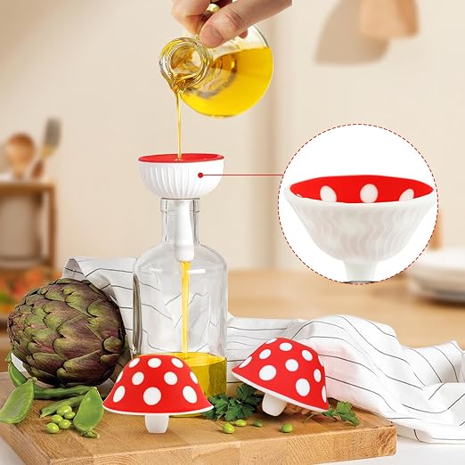 Silicone Mushroom Funnel, Small Mushroom Funnels for Kitchen Use Filling Bottles, Foldable Kitchen Funnel with 2 Cleaning Brushes, Cute Kitchen Gadgets Accessories Gifts for Mother's Day Birthday