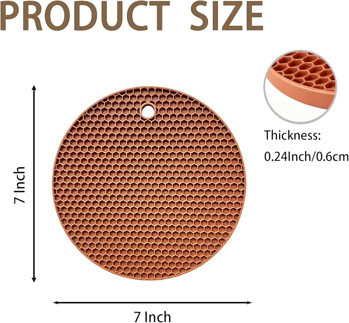 6-Pack Silicone Trivet Mats, Heat Resistant Hot Pads, Dishwasher Safe Kitchen Mats, BPA-Free Pot Holders for Table, Countertop, Stove, Honeycomb Design (Brown, 7“ Round)