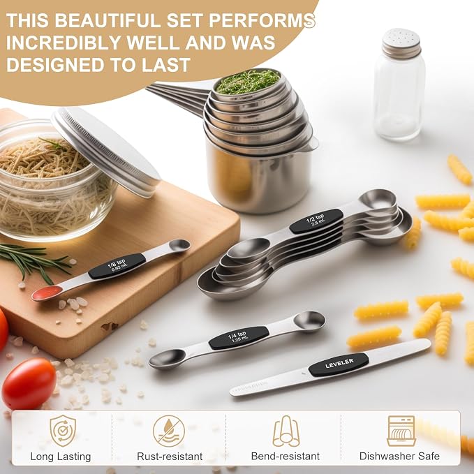 Stainless Steel Measuring Cups & Spoons Set, EWFEN Kitchen Tools Nesting Measuring Cups and Spoons, Fits in Spice Jars for Baking & Cooking, BPA Free, Set of 15 with Leveler, Black