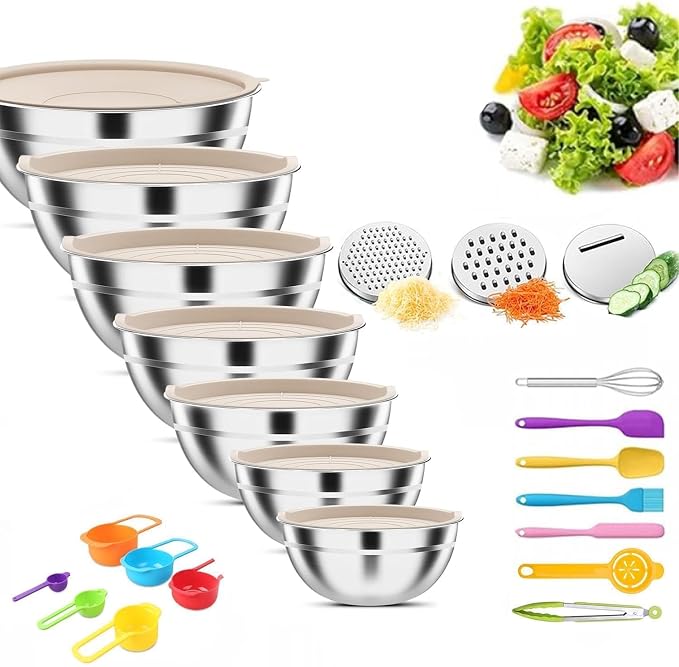 Mixing Bowls with Lids Set | Stainless Steel, 7 Sizes (0.7-4.5QT), with 3 Grater Attachments, Nesting, Dishwasher Safe (Khaki-7 Sizes)