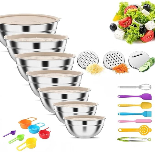 Mixing Bowls with Lids Set | Stainless Steel, 7 Sizes (0.7-4.5QT), with 3 Grater Attachments, Nesting, Dishwasher Safe (Khaki-7 Sizes)