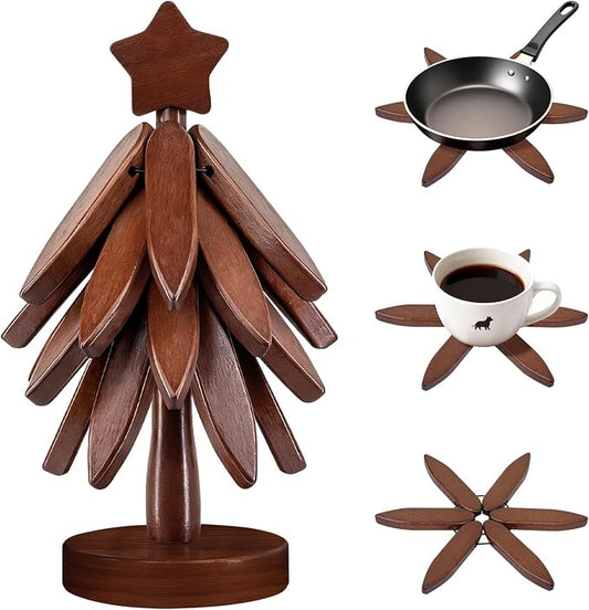 Wooden Trivets for Hot Dishes, Wooden Tree Trivet Set of 4 + 1 Stand Stored Like a Christmas Tree, Premium Heat-Resistant Natural Trivet Set for Kitchen Countertop, Bowl, Teapot