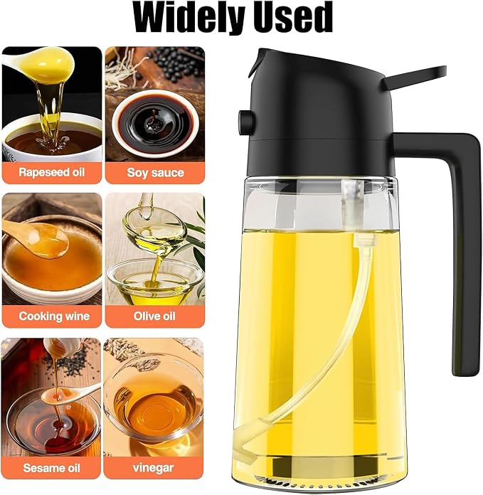 2 in 1 Oil Dispenser and Sprayer, 470ml Glass Bottle for Kitchen, Cooking, Air Fryer, Salad, BBQ (Black)