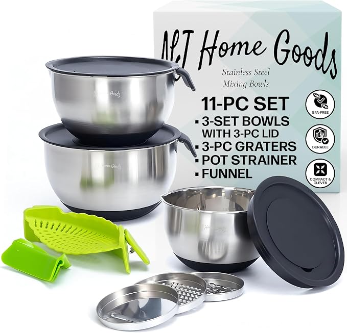 Homeware Stainless Steel Mixing Bowl With Lids Set Handles for Holidays: Gift Set For Kitchen With Pour Spout Non Slip Silicone Base On Bowls Strainer Graters For Kitchen