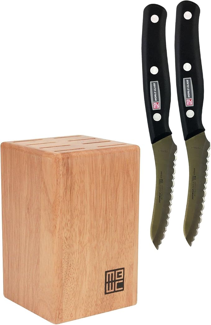 Miracle Blade 8-Piece Steak Knife Block for 4" Steak Knives, Wood Natural Finish