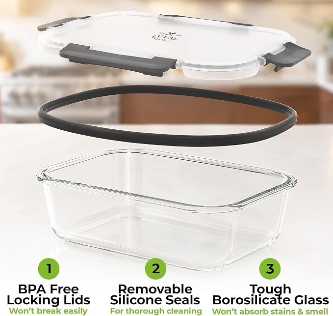 Zulay Kitchen 5 Piece Large 36oz Glass Storage Container Sets with Lids - Premium BPA Free Borosilicate Glass Food Storage Containers - Leak-Proof Meal Prep - Microwave, Freezer & Oven Safe - Gray