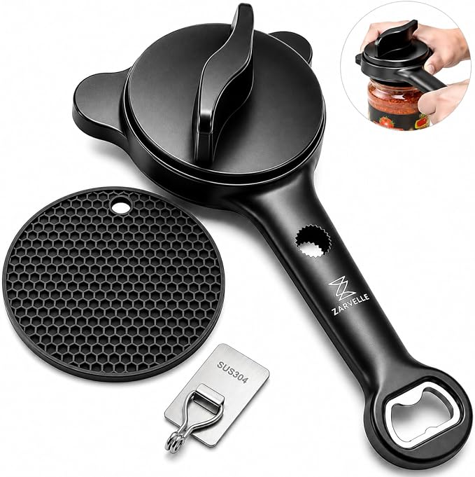 Jar Opener for Seniors with Arthritis & Weak Hands, 4-in-1 Adjustable Lid & Bottle Opener Set with Non-Slip Silicone Grip Pad & Stainless Steel Hook, Easy Twist Kitchen Gadget for Elderly (Black)