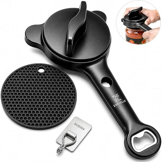 Jar Opener for Seniors with Arthritis & Weak Hands, 4-in-1 Adjustable Lid & Bottle Opener Set with Non-Slip Silicone Grip Pad & Stainless Steel Hook, Easy Twist Kitchen Gadget for Elderly (Black)