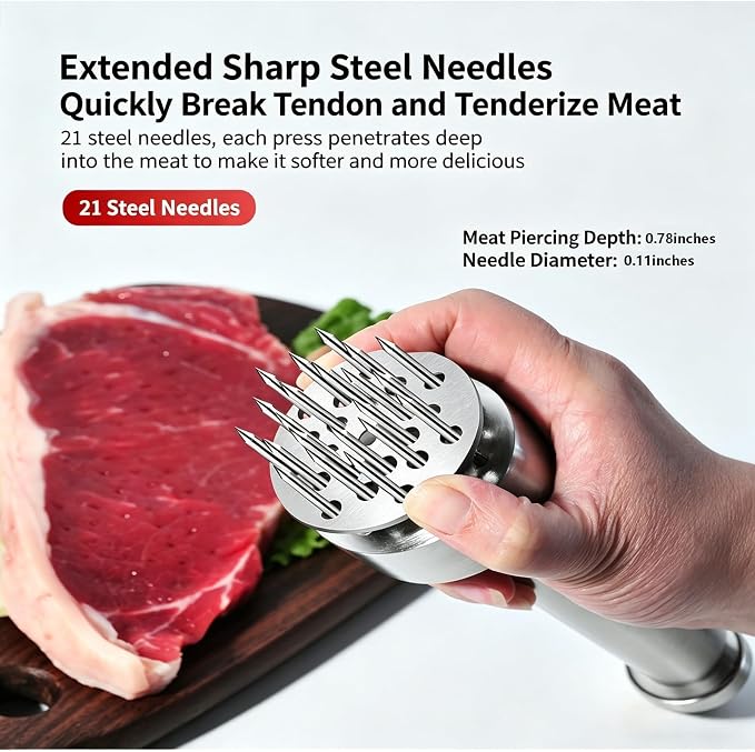 Meat Tenderizer Tool, 21 Sharp Needles Auto-Rebound Meat Tenderizer, Premium 304 Stainless Steel Steak Tenderizer with Comfort Grip Handle, Dishwasher Safe for Beef, Chicken, Turkey, Pork & Salmon